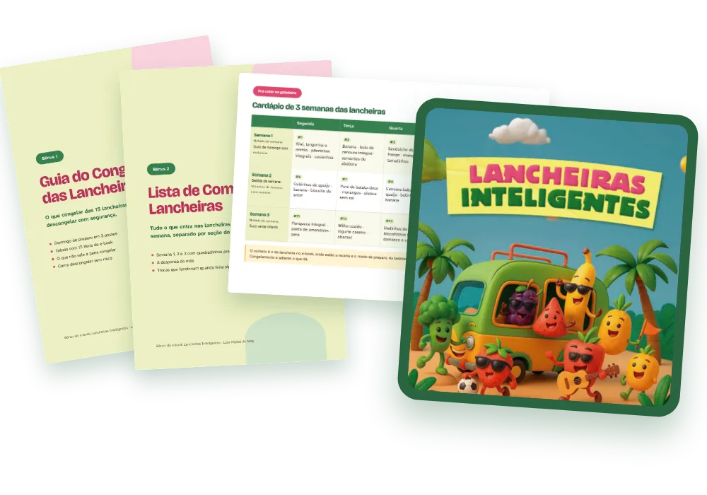 O e-book Lancheiras Inteligentes num tablet e os três bônus impressos ao lado